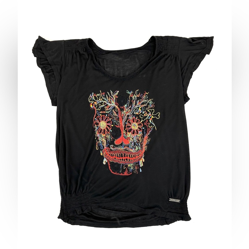 VNTG John Galliano Skull Embroidered Black Smocked Bottom Grunge goth Top ZS M‎